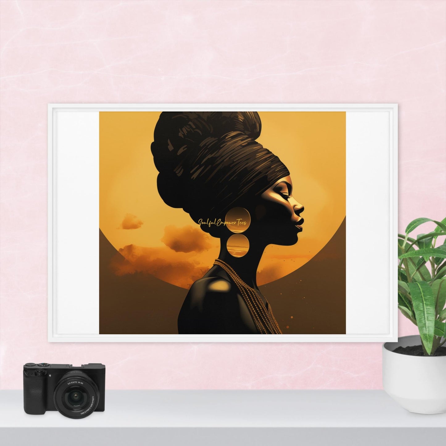 Afrocentric Queen Wall Art – Elegant Black Woman Headwrap Portrait in Golden Tones
