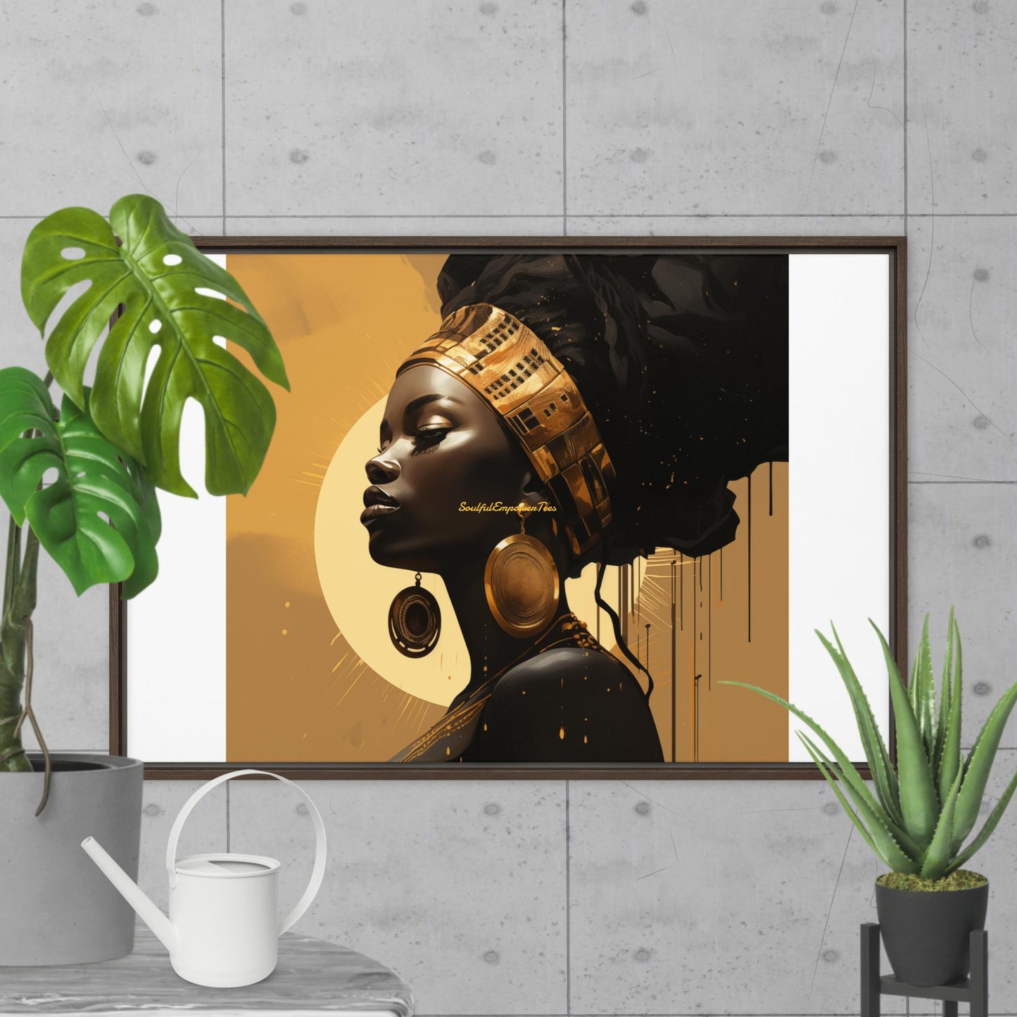 Golden Majesty African Queen Wall Art – Afrocentric Black Woman Portrait in Luxe Gold Tones