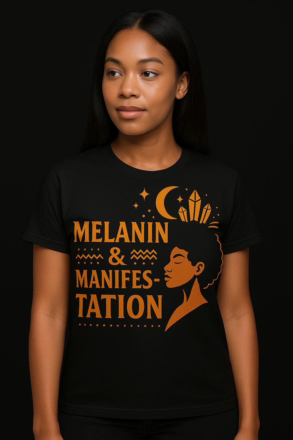 Melanin & Manifestation Tee – Afro-Spiritual Graphic Shirt for Black Women | Crystals, Confidence & Divine Energy