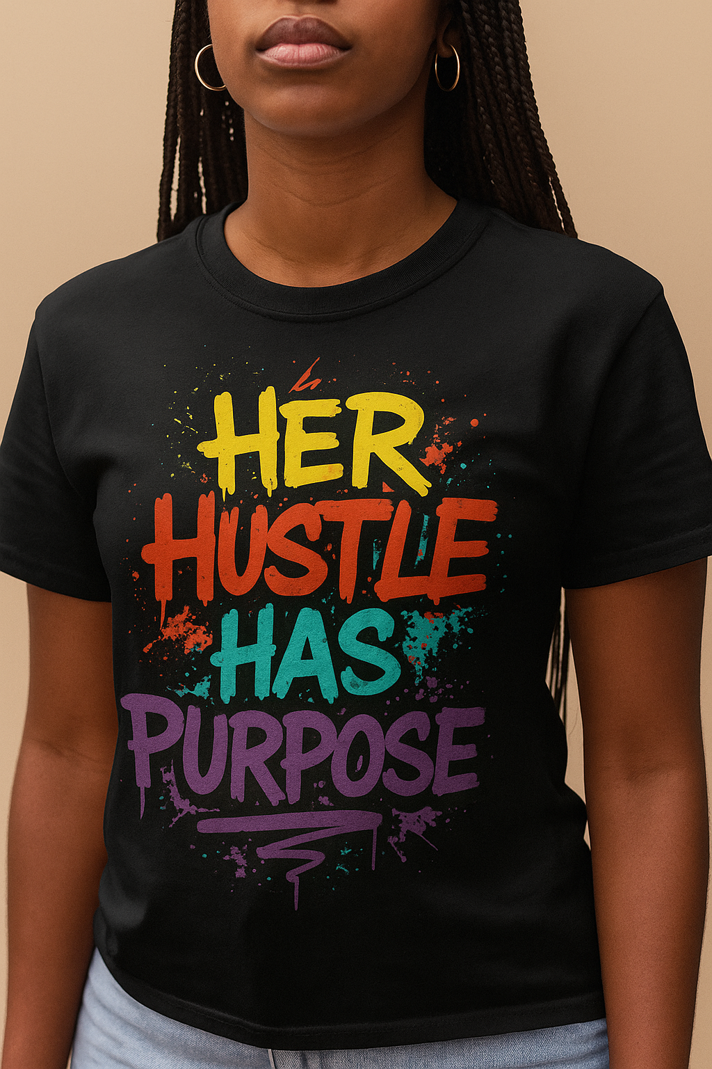 Her Hustle Has Purpose T-Shirt – Bold Graffiti-Style Empowerment Tee for Women with Drive & Vision