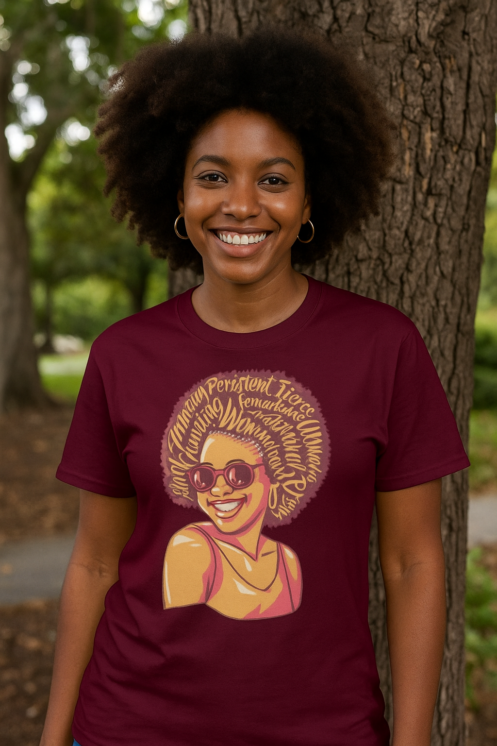 Afro Woman Empowerment T-Shirt – Bold Maroon Tee Celebrating Black Beauty, Strength & Confidence