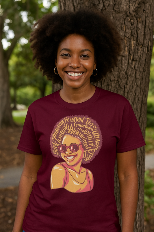 Afro Woman Empowerment T-Shirt – Bold Maroon Tee Celebrating Black Beauty, Strength & Confidence