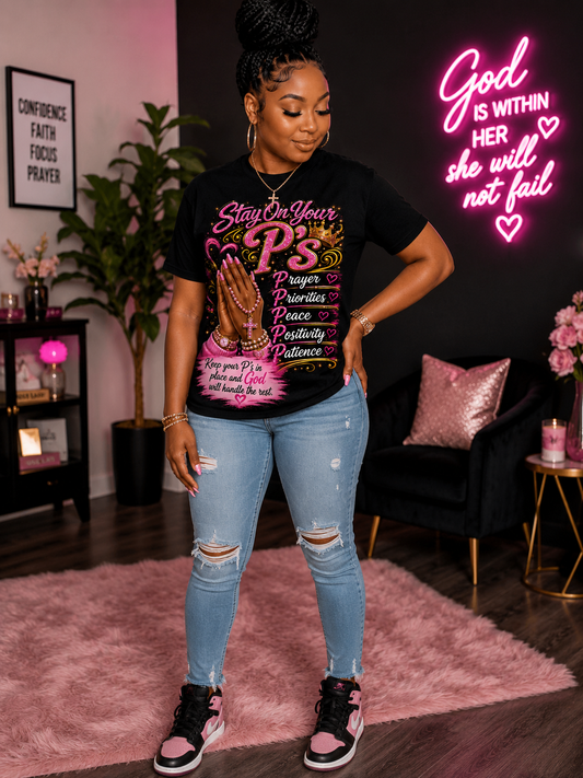 Stay On Your P’s Graphic Tee | Prayer Priorities Peace Positivity Patience Shirt
